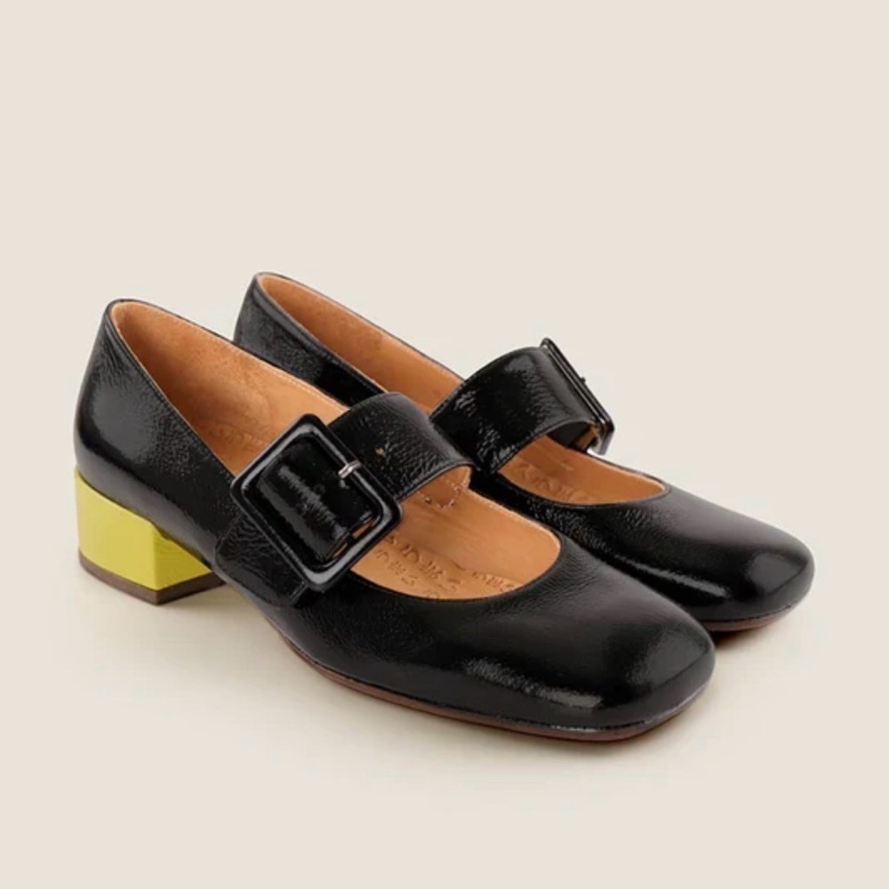 Chie Mihara black leather yellow block heel Mary Janes luxury made in Spain